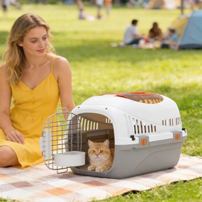 Transportadora para Gatos e Cães Pequenos de Plástico Suporta até 4 kg com Claraboia Taça Porta de Aço Cinzento Claro