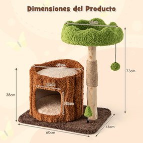 Arranhador para gatos multifuncional 73 CM cobertos de sisal Plataforma em forma de árvore Brinquedo Castanho