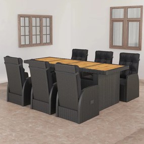 vidaXL 7 pcs conjunto jantar exterior com almofadões vime PE preto