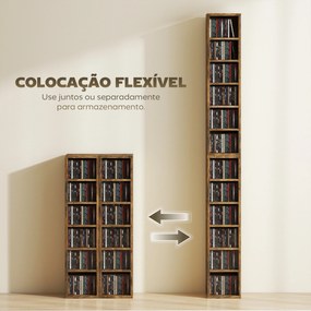 Conjunto de 2 Estantes para CDs e DVDs com 12 Compartimentos Prateleiras Ajustáveis 21x22,5x88,5 cm Castanho Rústico
