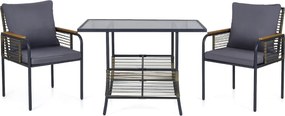 Conjunto Jardim de 3 peças de vime com almofadas, mesa retangular e cadeiras para varanda ou jardim castanho e cinza escuro