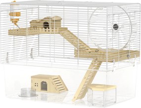 Gaiola para hamsters de 3 níveis, gaiola para roedores com roda de exercício, tabuleiro transparente e fundo, 59 x 35,5 x 47 cm, branca