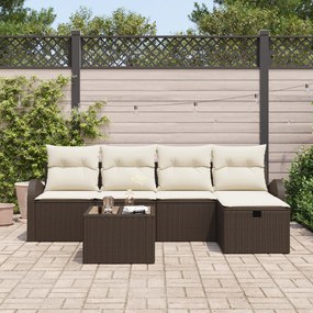 Conjunto de Sofá de Jardim de 6 Peças com Almofadas Castanho Vime PE,