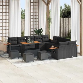 Conjunto de Sofá de Jardim de 14 Peças com Almofadas Preto Vime Sintético Acácia