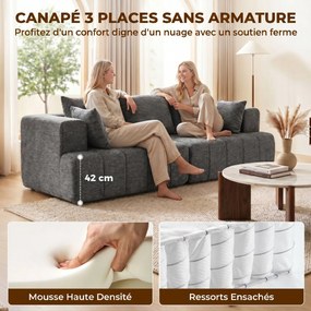 Sofá de 3 lugares em chenille, 248 (C) x 104 (P) x 87 (A) cm, sofá de sala moderno, assento largo estofado, almofadas com molas, cinzento