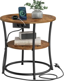 Mesa de apoio 55 cm de 2 níveis com 2 tomadas CA, 2 portas USB-A castanho vintage-Preto