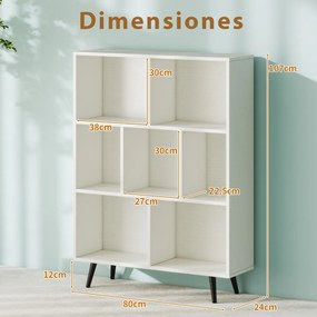 Estante de 3 níveis com 7 cubos, 4 pés de metal e dispositivo anti-capotamento para sala de estar ou escritório 80 x 24 x 107 cm branco