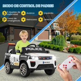 Carro de polícia elétrico com bateria de 12V 7A para crianças com Controlo remoto Sirene de música e luz LED intermitente Preto+Branco
