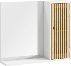 Armário de Banheiro com Espelho Prateleira Porta com Ripas de Bambu e Prateleira Ajustável Branco