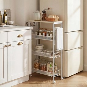 Carro de cozinha com rodas, carrinho de arrumação com 3 cestos, 1 cesto suspenso e ganchos, 58 x 18,5 x 87 cm, branco