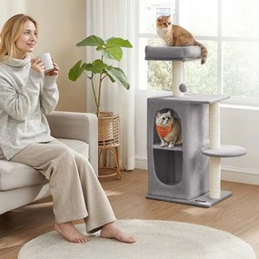Árvore para gatos pequena com 2 cavernas e 1 plataforma cinza claro