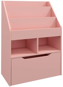 HOMCOM Estante de Madeira para Brinquedos com 3 Compartimentos 2 Prateleiras e Gaveta Móvel com 4 Rodas 60x29,9x90 cm Rosa