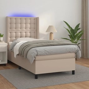 Cama box spring c/ colchão/LED 90x190cm couro artif. cappuccino