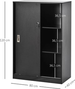 Armário de escritório com 2 portas de correr com fechadura, 80 x 40 x 120 cm, 2 prateleiras, painéis de aglomerado preto