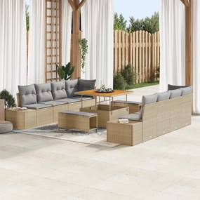 vidaXL Conjunto de Sofá de Jardim de 11 Peças com Almofadas Bege de Rattan Polietileno Acácia