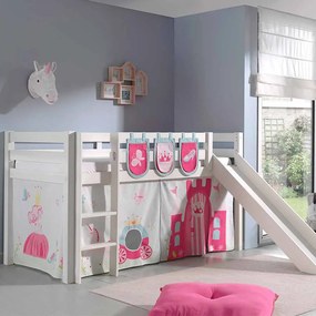 Conjunto Cama alta de Criança PINO 90 x 200 cm + estrado + escada + escorrega + cortina + 3 bolsas Princesa branca