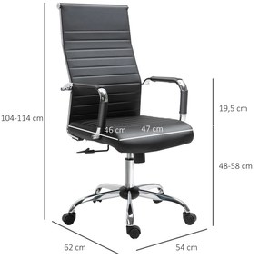 Cadeira de Escritório Ergonômica Giratoria 360° Inclinável com Altura Ajustável Rodas Apoio de Braços 54x62x104-114 cm Preto