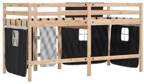 Cama alta criança c/ cortina 80x200cm pinho maciço branco/preto