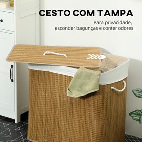 Cesto de Roupa Suja com Tampa 144L de Bambu com 3 Compartimentos 60x40x60 cm Castanho