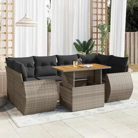 7 pcs conjunto sofás p/ jardim c/ almofadões vime PE cinzento