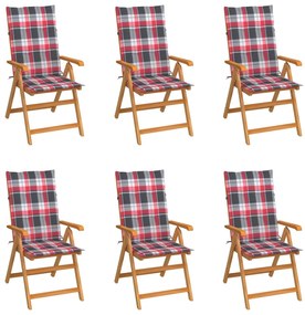 vidaXL Cadeiras jardim c/ almofadões xadrez vermelho 6 pcs teca maciça
