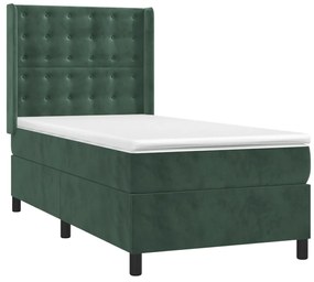 Cama box spring c/ colchão/LED 90x200 cm veludo verde-escuro