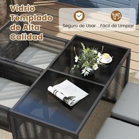 Conjunto de Móveis de Rattan Cadeira de Rattan PE e Mesa de Vidro Temperado com Pufes para Jardim Cinzento e Preto