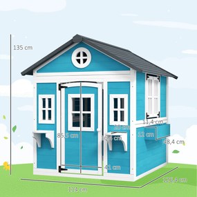 Casinha de Madeira Infantil com Porta Janelas Floreiros e Prateleiras com Detalhes Coloridos 114x126,4x135 cm Azul