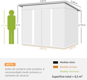 Abrigo de Jardim 4,5 m² 260x194x200 cm Abrigo Exterior Metálico com 2 Portas Deslizantes para Armazenamento de Ferramentas Verde