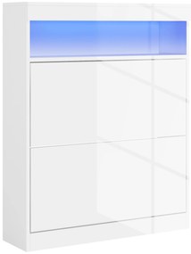 HOMCOM Móvel Sapateira de Entrada com Luzes LED Prateleira Aberta e 2 Gavetas Basculantes para 12-16 Pares 80x24x99,5 cm Branco Brilhante
