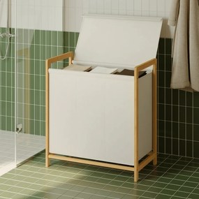 Cesto para roupa suja 150L 65 x 40 x 78 cm com estrutura em bambu e dois compartimentos creme