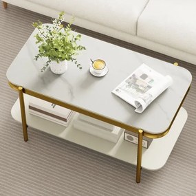 Mesa de centro 90 x 50 x 45,5 cm moderna retangular com 2 níveis, tampo sinterizado e prateleira, estrutura metálica, para sala, Branco + Dourado