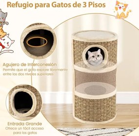 Cama para gatos de 3 andares multinível de 70 cm com arranhador de sisal Cama acolchoada para sestas Torre em forma de árvore Castanho