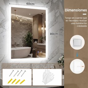 Espelho LED para casa de banho 80 x 60 cm retangular de parede com função antiembaciamento, memória, 3 cores de luz e controlo tátil Prata