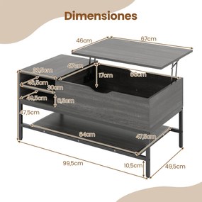 Mesa de centro elevatória 99,5 x 49,5 x 47,5 cm com compartimento oculto em madeira com prateleira de arrumação cinzenta