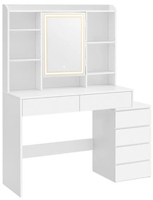 Penteadeira com iluminação LED VASAGLE com brilho ajustável, penteadeira com espelho, mesa de cosméticos com gavetas, compartimentos abertos, prateleiras ajustáveis, moderna, branca, RDT624W01