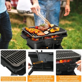 Grelhador de ferro fundido portátil para piquenique Campismo ao ar livre 40 x 27 x 18 cm Preto