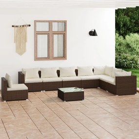 vidaXL 9 pcs conjunto lounge jardim c/ almofadões vime PE castanho