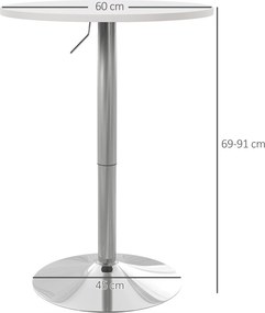 Mesa de bar redonda, mesa alta de cozinha (BANCOS NÃO INCLUIDOS) com altura ajustável 60 L x 60 P x 69-91 A cm, tampo giratório a 360°, branca e prate