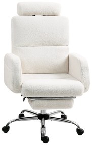 HOMCOM Cadeira de Escritório com Apoio para Pés Estofada em Borreguito Cadeira de Escritório com Encosto Reclinável Apoio de Cabeça Ajustável Encosto Alto Altura Ajustável 67x74x107-115 cm Creme