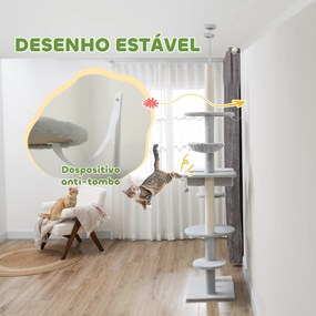 Arranhador para Gatos do Chão ao Teto 225-255 cm com 7 Níveis Rede Plataformas Postes de Arranhar  Cinza