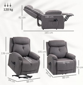 Poltrona elevatória elétrica com função de massagem e aquecimento, poltrona reclinável, portas USB, apoio para os pés, 86 x 94 x 105 cm, cinzenta