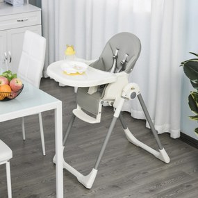 HOMCOM Cadeira de refeição ajustável e dobrável para bebê acima de 6 meses com bandeja dupla Cadeira de refeição portátil Reclinável com 2 rodas e freios 55x80x104 cm Cinza