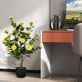 Conjunto de 2 árvores de camélia artificiais 95 cm Planta de flor falsa num vaso de cimento Amarelas