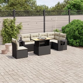 7 pcs conjunto de sofás p/ jardim c/ almofadões vime PE preto