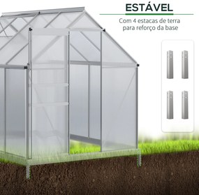 Outsunny Estufa de Jardim de Policarbonato e Alumínio Estufa de Exterior com Porta Corredeira e 2 Clarobóias para Cultivo de Plantas Sementes 190x253x199cm Transparente