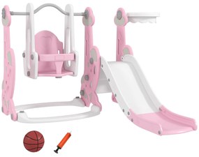 AIYAPLAY Escorrega Infantil 4 em 1 Parque Infantil com Baloiço e Escorrega Escalador Cesto de Basquetebol 147,5x160x107 cm Rosa