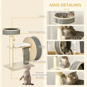 PawHut Árvore Arranhador para Gatos Médios Altura 91cm Torre de Escalada Gatos com Roda para Exercitar Cama Plataforma Almofadas Poste de Sisal e Bolas de Brinquedo Cinza e Creme