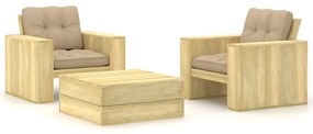 3 pcs conjunto lounge de jardim com almofadões pinho impregnado