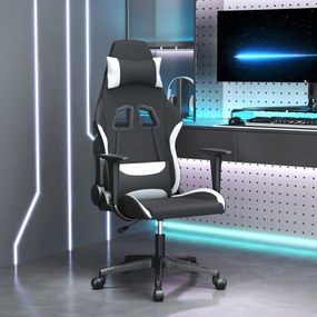 vidaXL Cadeira gaming de massagens tecido preto e branco
